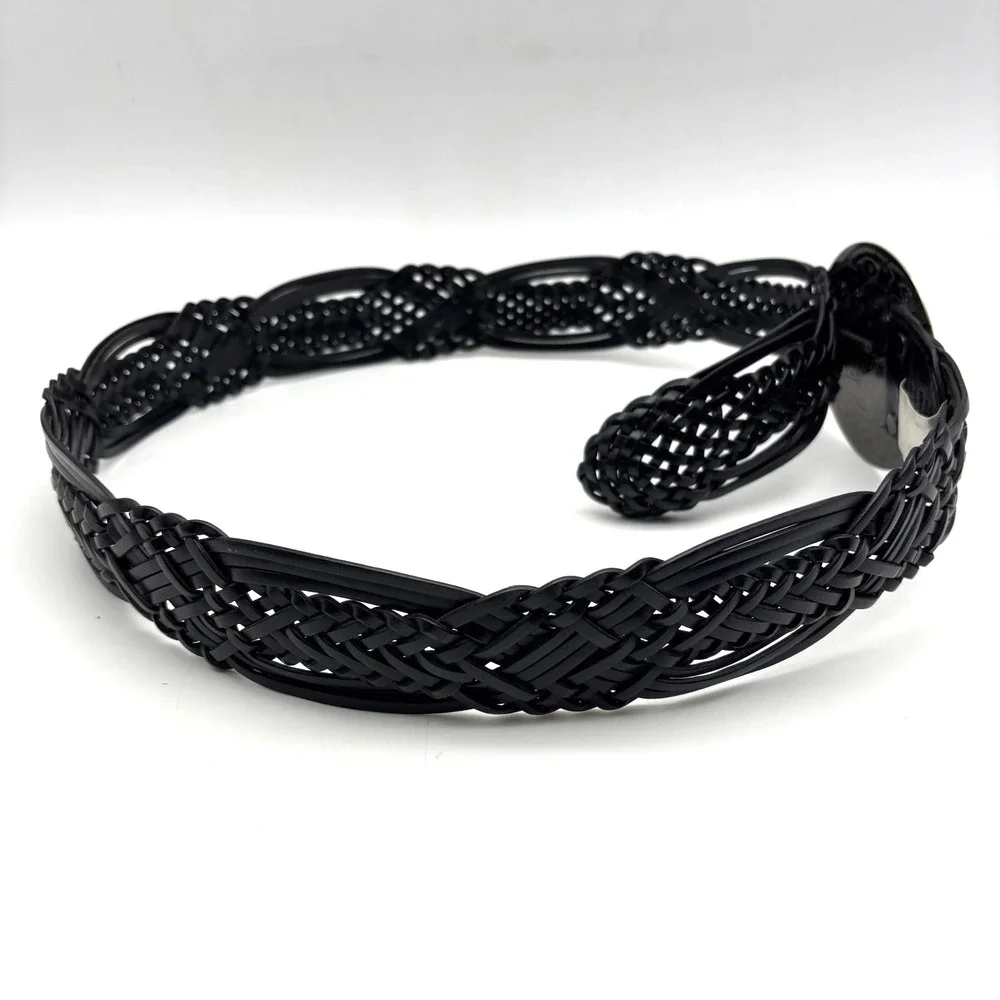 Vintage Y2K New York & Co Black Braided Leather Medallion Buckle Wide Belt M 34